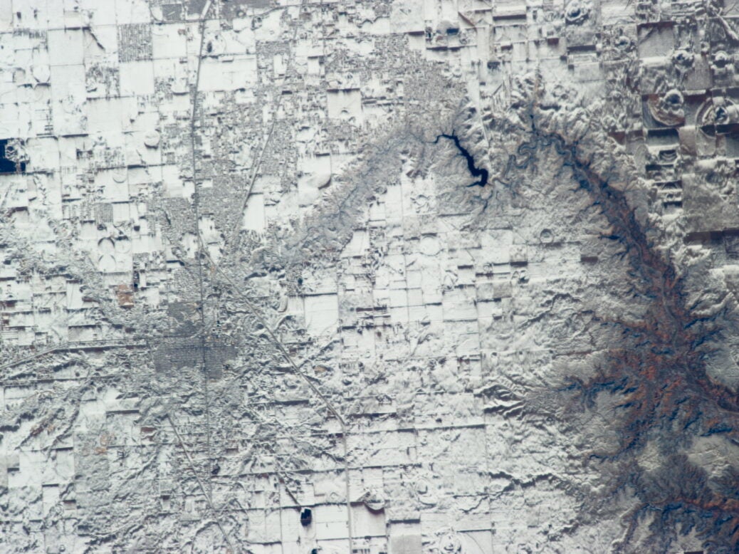 Satellite image of north-west Texas covered in snow.