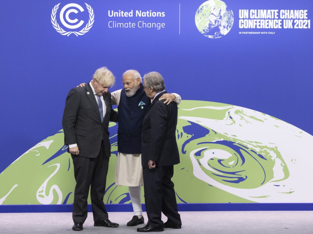 Boris Johnson, Narendra Modi, and Antonio Guterres meet at COP26