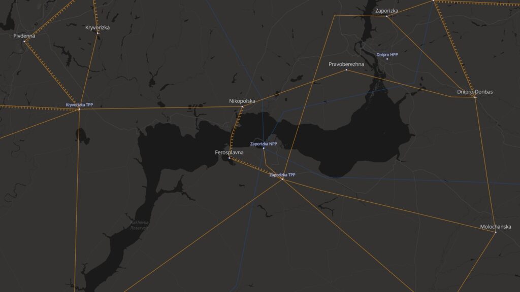 A map of transmission lines around the Zaporizhzhia plant