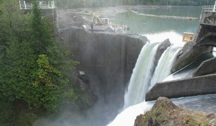 The larger Glines Canyon Dam - pictured here in October 2011 - presented greater difficulties
